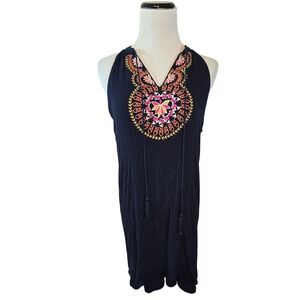 THML Navy Blue Embroidered Tassel Halter Dress SF118-N Womens Medium Boho V-Neck